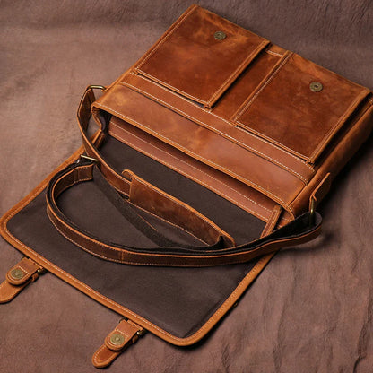 Vintage Crazy Horse Leather Messenger Bag Men's Genuine Luxury Sling Shoulder Bag Office Briefcase Crossbody 12.9 Inch Ipad