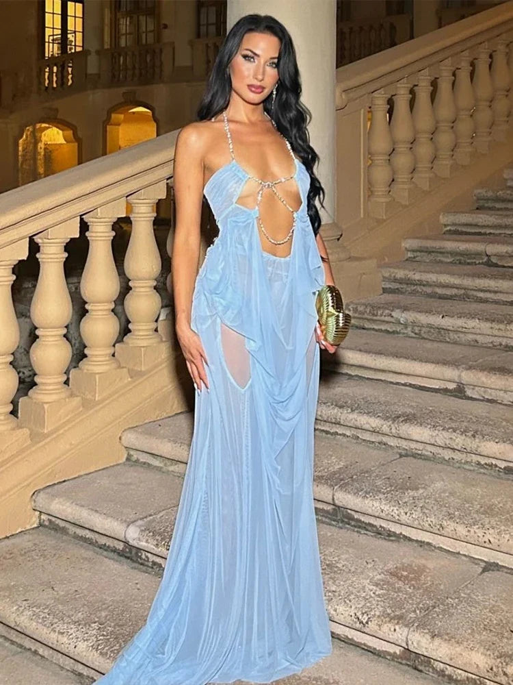 Prom Party Gown Dress Woman Sexy See Through Luxury Chain Halter Low-Neck Backless Sleeveless Midnight Elegant Vestidos