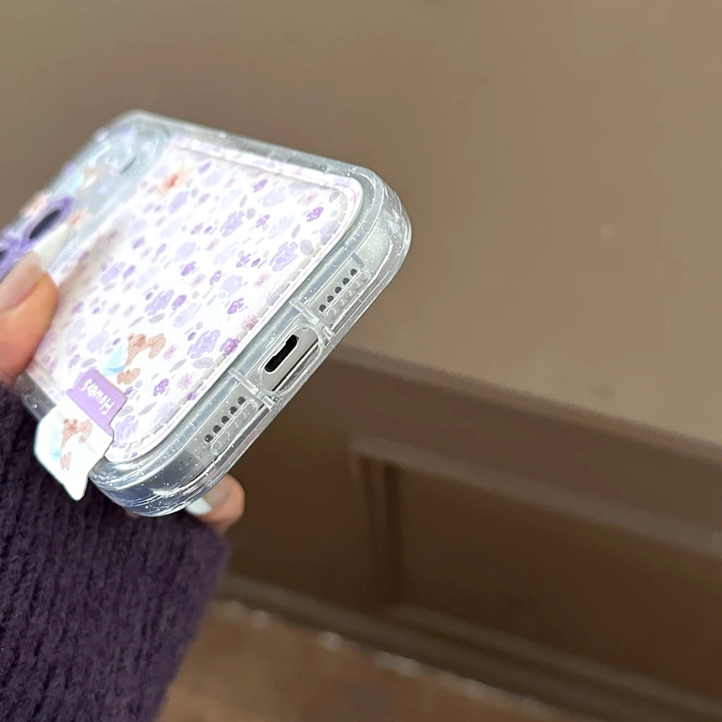 Gentle Purple Flower Stereoscopic Bear Artificial Leather Plush Ball Lanyard Phone Cover Case for iPhone 17 16 15 14 Pro Max