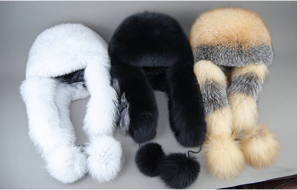 Hot Sale Lady Winter Warm Luxury 100% Natural Fox Fur Hat Fashion Fluffy Fox Fur Rex Rabbit Fur Caps Women Real Fur Bomber Hats