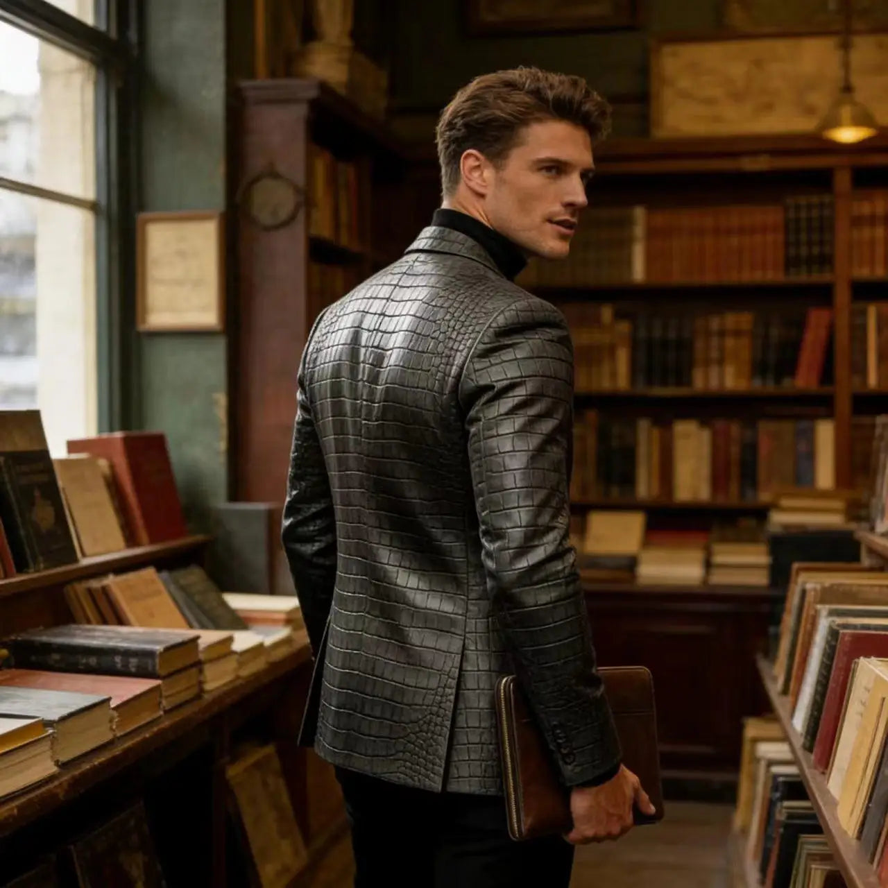 Men's Crocodile Embossed Leather Blazer British Vintage Notched Lapel Slim Fit Business Suit Jacket Two Button Flap Pockets Coat