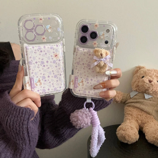 Gentle Purple Flower Stereoscopic Bear Artificial Leather Plush Ball Lanyard Phone Cover Case for iPhone 17 16 15 14 Pro Max