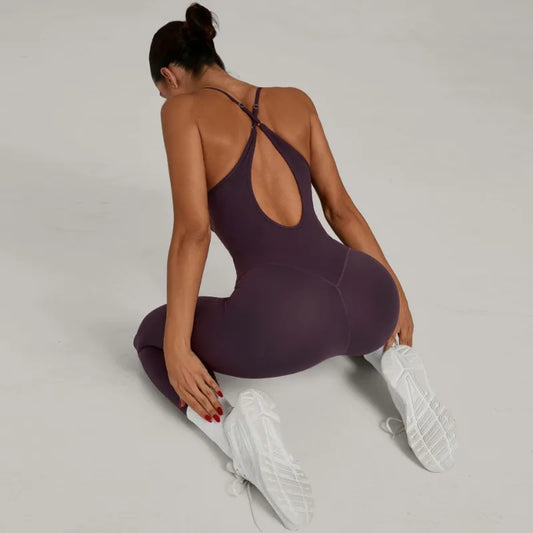 Women Sports Fitness Jumpsuit Cross Open Back Adjustable Shoulder Strap Hip Lift Tight Slim Fit Yoga Set Gym Running Sports Kit
