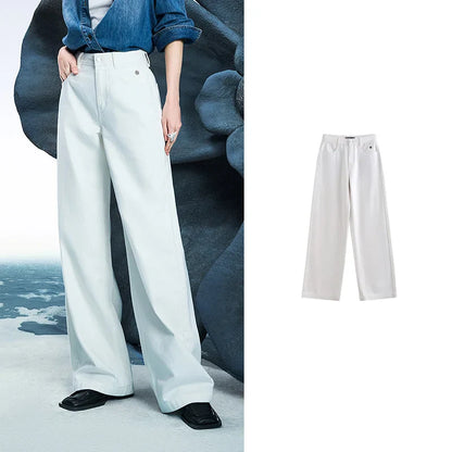 Women Denim Jeans 2025 Spring New Acetate Wide Leg Mid Low Waist Slim Fit Straight Wide Leg Pants