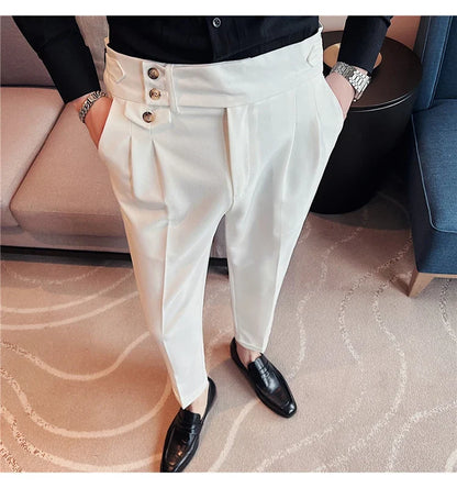British Style Spring New Solid Business Casual Suit Pants High Waist Button Men Formal Pants High Quality Slim Office Trousers