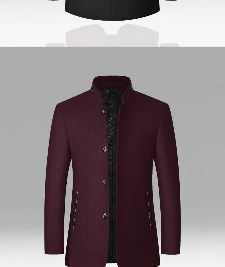 Brand 2026 Winter Coat Mens Chinese Stand Collar Solid Coats for Man Autumn and Winter Business Casual Woolen Jacket