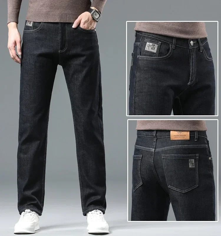 Winter Warm Fleece Jeans Men 2023 Straight Stretch Thick Casual Thermal Denim Pants Male Business Work Trousers New Men Clothing