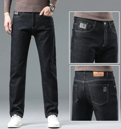 Winter Warm Fleece Jeans Men 2023 Straight Stretch Thick Casual Thermal Denim Pants Male Business Work Trousers New Men Clothing