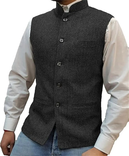 Mens Suit Tweed Vest Stand Collar Single Breasted Herringbone Sleeveless Waistcoat Casual Business Wedding Party Outerwear Gilet