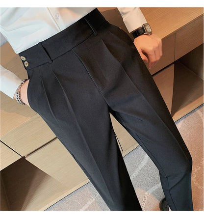 British Style Twill Pleat Design Naples High Waist Casual Trousers Fashion Man Slim Simple Social Party Suit Pant Plus Size 38