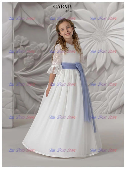 Elegant Long-sleeved Tulle Lace Printing Flower Girl Dress Princess Ball First Communion Dresses Kids Surprise Birthday Present