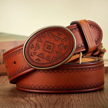 Real Genuine Leather High Quality Brass Buckle Jeans Casual Belt Extra Thick Cowhide Designer Laser Engraved Pattern Men's Belt