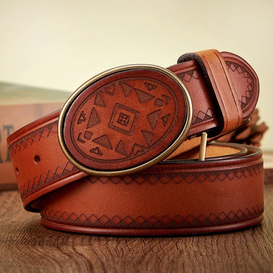 Real Genuine Leather High Quality Brass Buckle Jeans Casual Belt Extra Thick Cowhide Designer Laser Engraved Pattern Men's Belt
