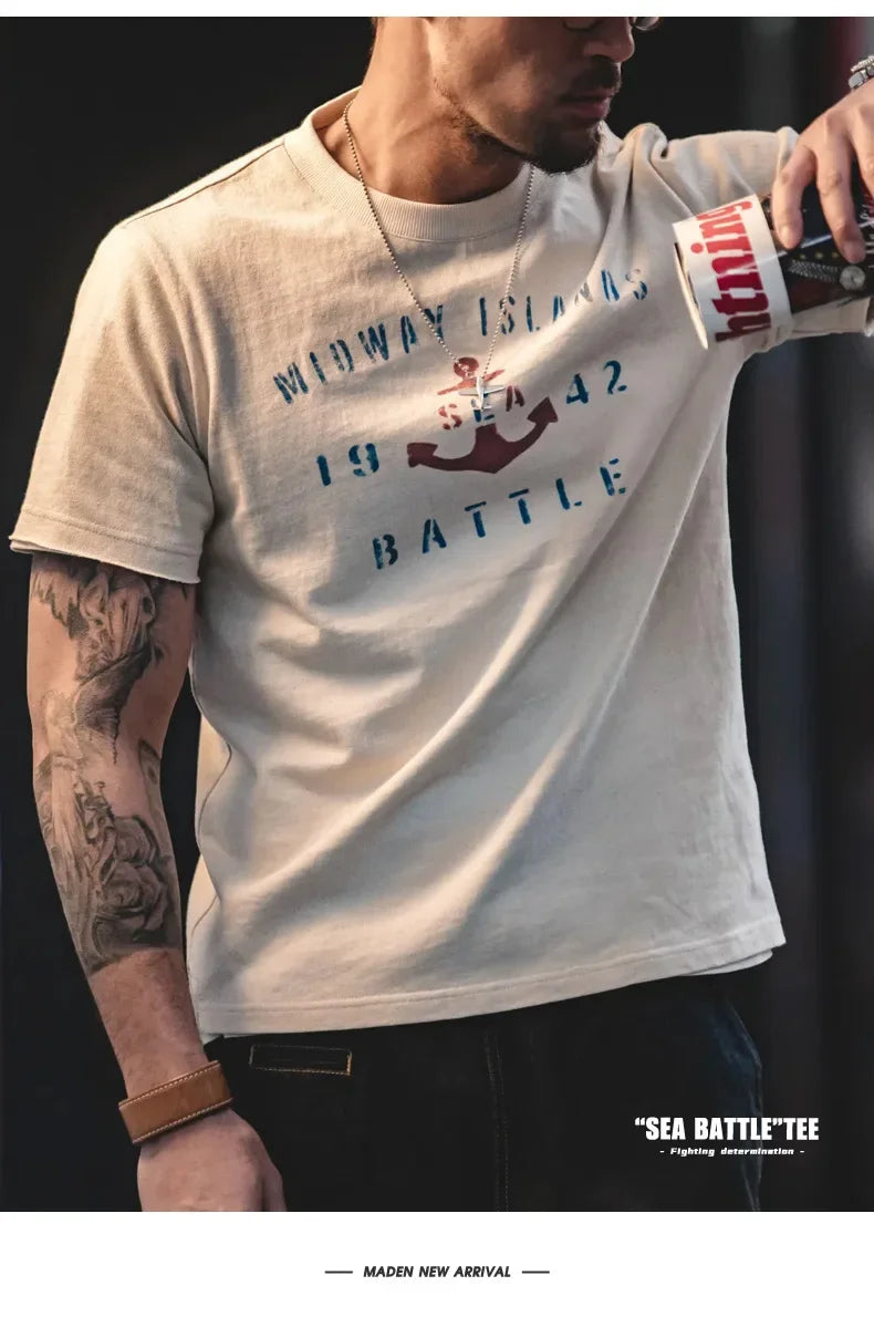 Vintage Letter Print Cotton Short Sleeve T-Shirt Men's Summer Loose Fit Ribbed Crew Neck Tee Casual Street Tops for Daily