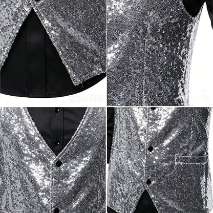 Shiny Sequin Men's V Neck Vest Single Breasted Suit Gilet Waistcoat for Wedding Prom Party Club Nightclub DJ Stage Performance