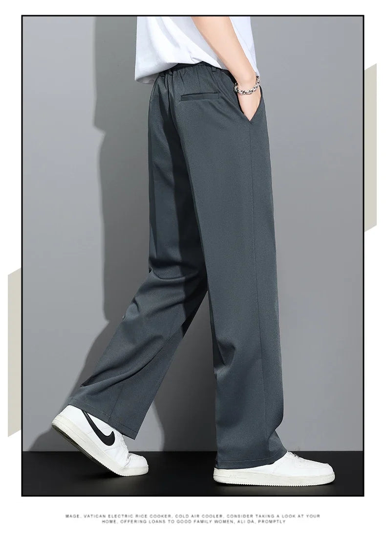 Men's 2026 Summer Korean Style Loose Straight Leg Draping Lightweight Casual Pants Slacks Khaki Dark Gray Black Trousers Male