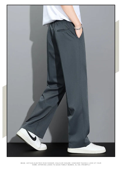 Men's 2026 Summer Korean Style Loose Straight Leg Draping Lightweight Casual Pants Slacks Khaki Dark Gray Black Trousers Male