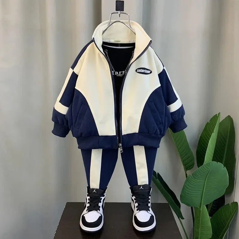 Children's Cotton Clothing Set Spring Autumn New Boys Girls Thick Casual Zipper Jackets and Pants 2-piece Set Korean Sportswear