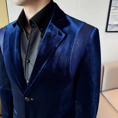 Leather Splicing Mercerized Velvet Suit Jacket 2025 Autumn New Men's High-end Business Slim Fit Fashion Party Tailcoat 4XL-M