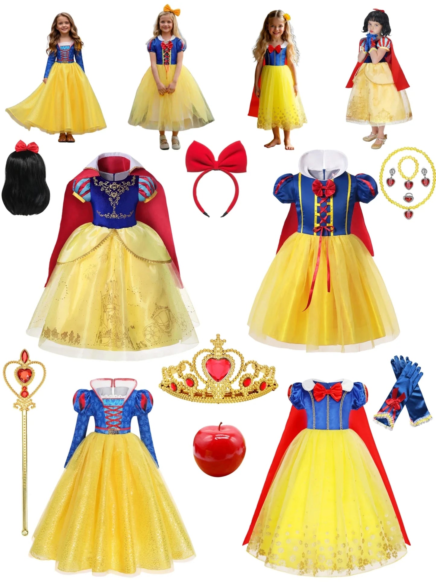 Deluxe Snow White Gown Set with Accessories Princess Costume Fairy Cosplay for Girls Kids Toddler Carnival Party Vestido