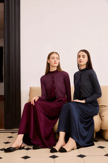 AP Women 2026 Autumn and Winter Modal Shirt and O Neck Acetate Satin Maxi Dress Lurex Cardigan High Quality Lady Clothing