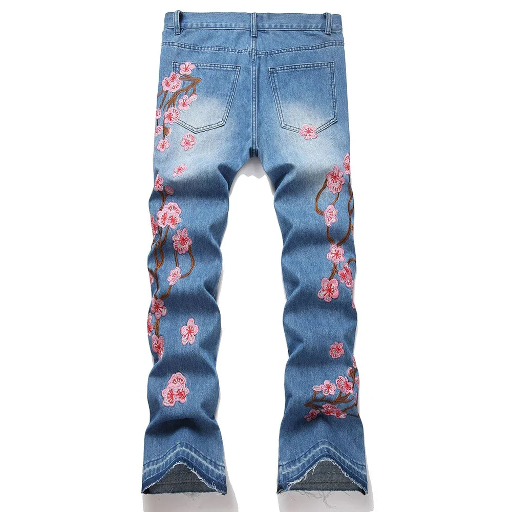 Men Sakura Embroidery Denim Jeans Streetwear Boot Cut Pants Released Hem Flared Trousers with Ripped And Cherry Blossom Design