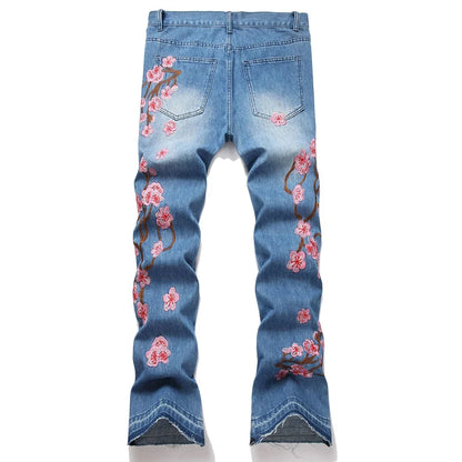 Men Sakura Embroidery Denim Jeans Streetwear Boot Cut Pants Released Hem Flared Trousers with Ripped And Cherry Blossom Design