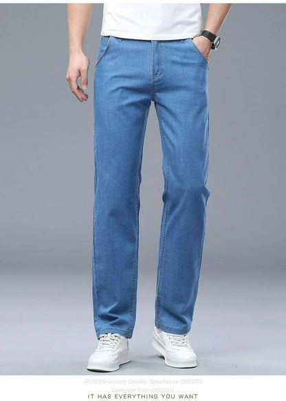Summer Thin Men's Elastic Cotton Jeans Fashion Business Straight Casual Denim Pants Male Work Clothes Slim Trousers Plus Size 40