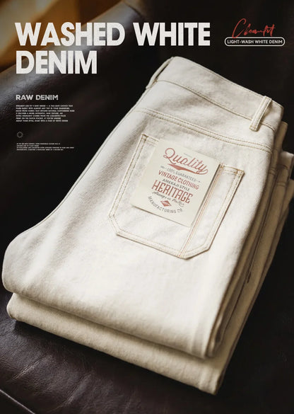 Men's Vintage Heavyweight Washed White Jeans Straight 100% Cotton CleanFit Casual Pants with Zip Fly for Spring and Autumn