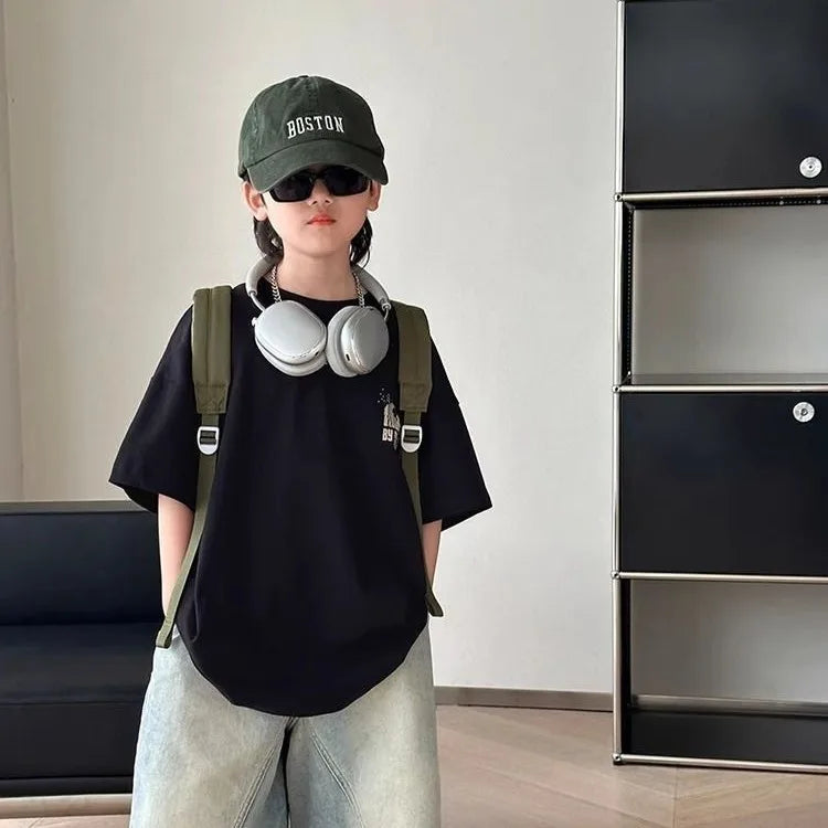 Black Graffiti Letters Pure Cotton Short Sleeve T-Shirt for Tween Boys Loose Fit Summer Youthful Wear Kids Outerwear Clothing
