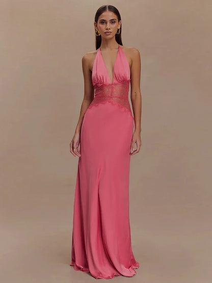Sexy Deep V-neck Backless Lace Patchwork Satin Dresses for Women 2026 Summer Halter Sleeveless Long Maxi Party Evening Dress