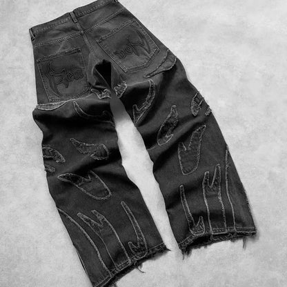 Mens Jeans Y2K Vintage Streetwear Black Wide Leg Denim Pants Ripped Patchwork Raw Hem Distressed Loose Fit Dark Punk Fashion