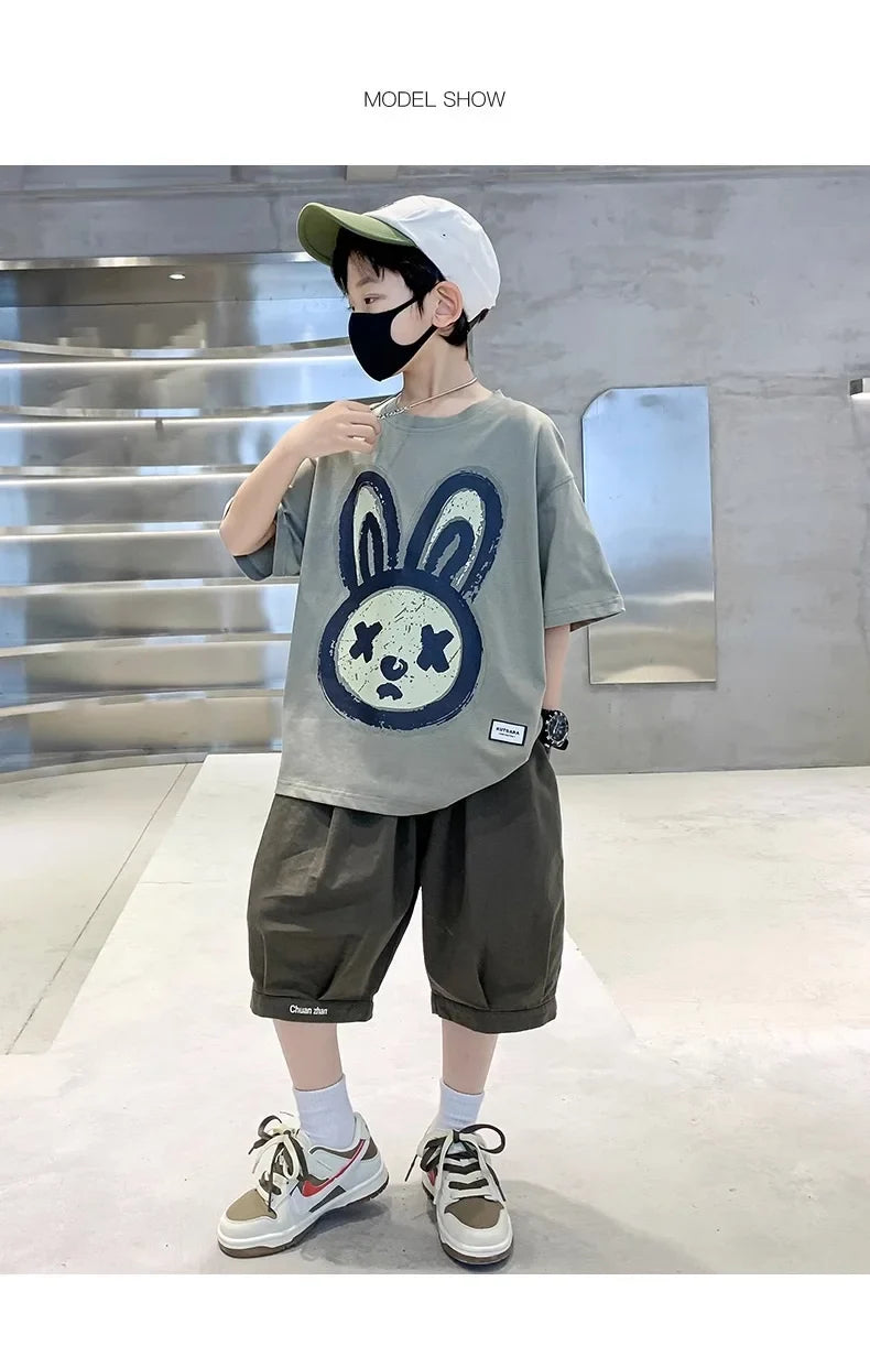 Summer Boys Cotton Leisure Cartoon Print T-Shirt Top+Shorts Pant Set School Kids 2PCS Tracksuit Children Vacation Outfit 5-16Yr