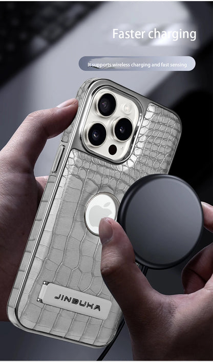 Crocodile Pattern Leather invisible Kickstand Magnetic Case For iPhone 15 16 Pro Max 14 Plus 13 12 Wireless Charging For Magsafe