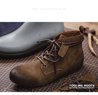 Maden Retro Fleece-lined Split Suede Boots High-Top Work Boots Lace-Up Desert Ankle Rugged Sole Boots Outdoor Winter Fall Shoes