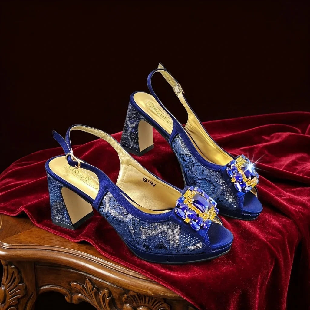 2026 Italian Luxury Rhinestone Taro Royal Blue Open Toe High Heel Shoe And Bag Set for Women - Perfect for Parties Wedding