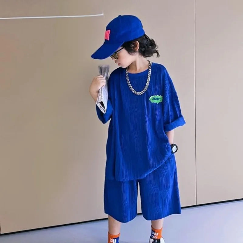 Klein Blue Wave Pattern Children's Clothes Boys T-shirt Boy Summer Set Suit Kids Toddler Clothing Sets From 4 Cotton Child Boy's