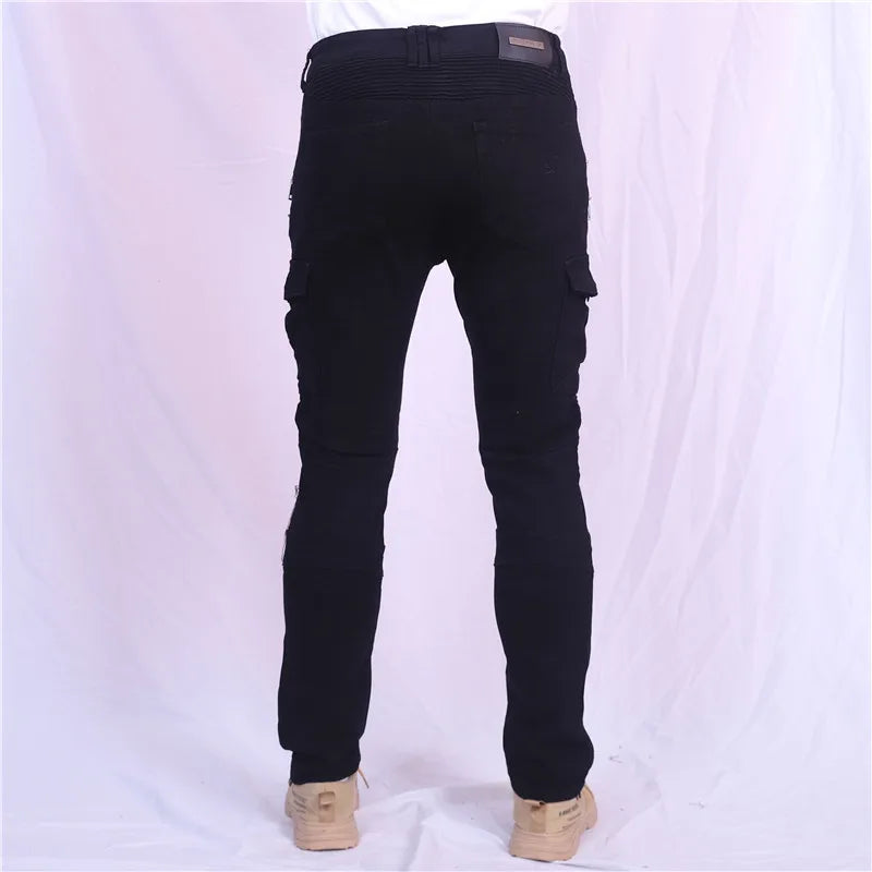 Double zipper Decoration Metal Style Motorcycle Leisure Motorcycle Men's Outdoor Riding Jeans Slim Pants With Protect Gears