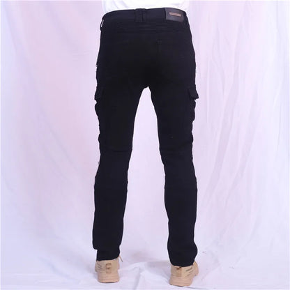Double zipper Decoration Metal Style Motorcycle Leisure Motorcycle Men's Outdoor Riding Jeans Slim Pants With Protect Gears