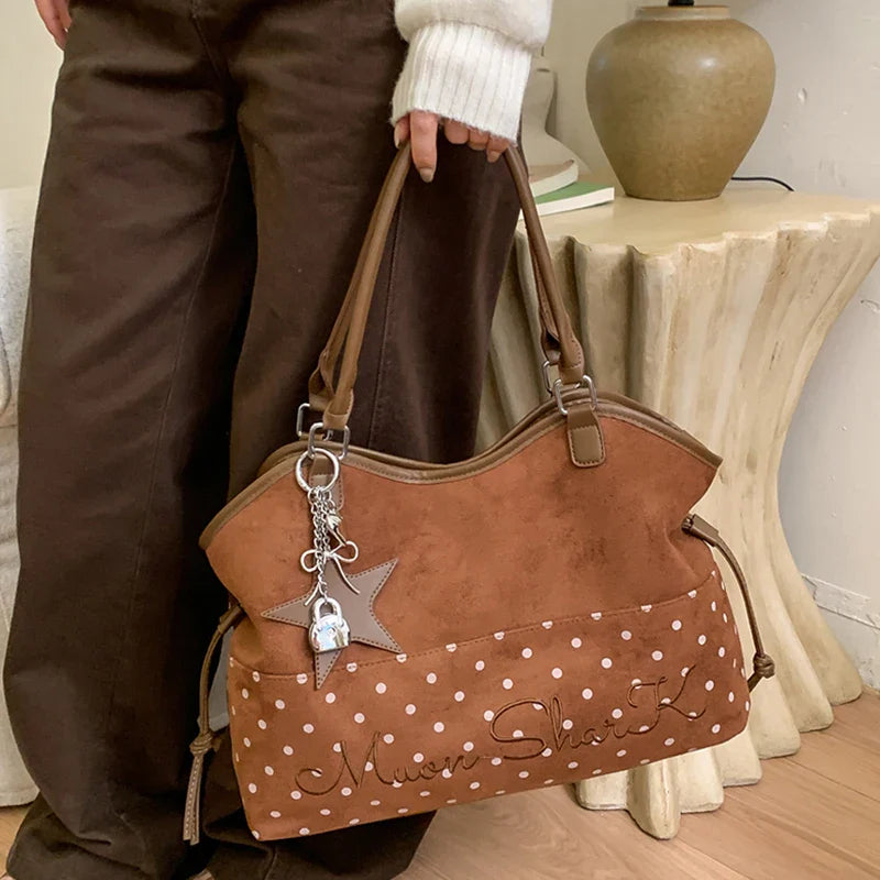 Vintage Frosted Tote Bag Casual Students Purse Large Capacity Shoulder Bag Polka Dot Drawstring Zipper Handbag With Star Pendant