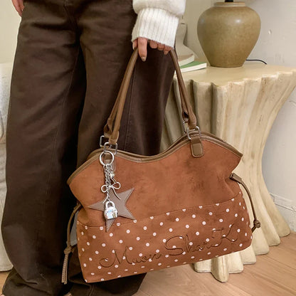 Vintage Frosted Tote Bag Casual Students Purse Large Capacity Shoulder Bag Polka Dot Drawstring Zipper Handbag With Star Pendant