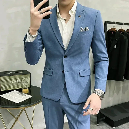 ( Blazer + Pants ) High End Brand Plaid Men's Casual Formal Office Business Suit Groom Wedding Dress Slim Suit Jacket Trousers