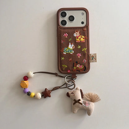 Cute Brown Embroidered Pony Mushroom With Lanyard Shockproof Protective Phone Cover Case for iPhone 17 16 15 14 Pro Max