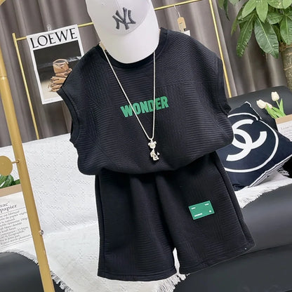 Summer Boys Waffle Alphabet Sleeveless t-Shirt Tops+Short Pants Set School Kids Tracksuit Child 2PCS Outfit Jogger Suit 5-16 Yrs