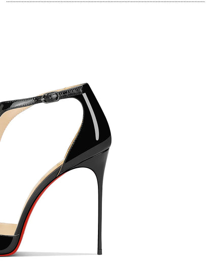 Black patent leather T-belt bag with nightclub sexy 12cm ultra-fine heel pointed party European and American high-heeled sandals