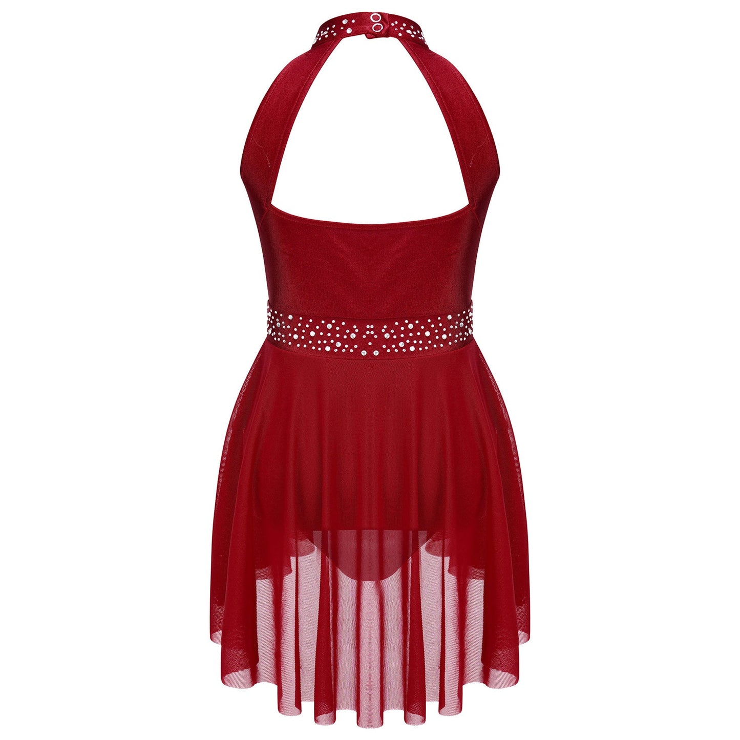 Kids Girls Gymnastics Figure Skating Ballet Lyrical Dance Costume Dress Side Split Sheer Mesh Ruched Glittery Rhinestones Dress