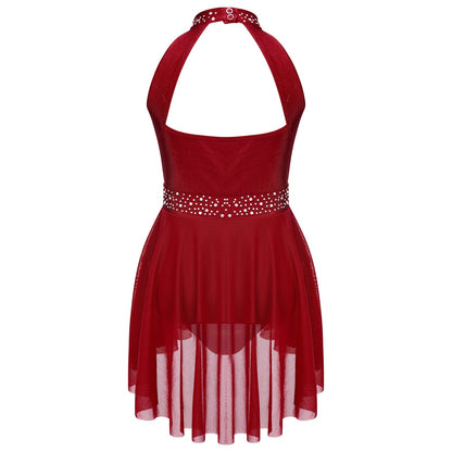 Kids Girls Gymnastics Figure Skating Ballet Lyrical Dance Costume Dress Side Split Sheer Mesh Ruched Glittery Rhinestones Dress