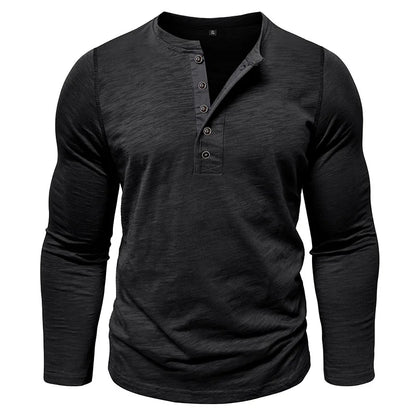 New Autumn Long Sleeve T-Shirt Mens Casual Solid Color Top Henley Neck Slim Versatile Work T-shirt Breathable Outdoor Thin Tee
