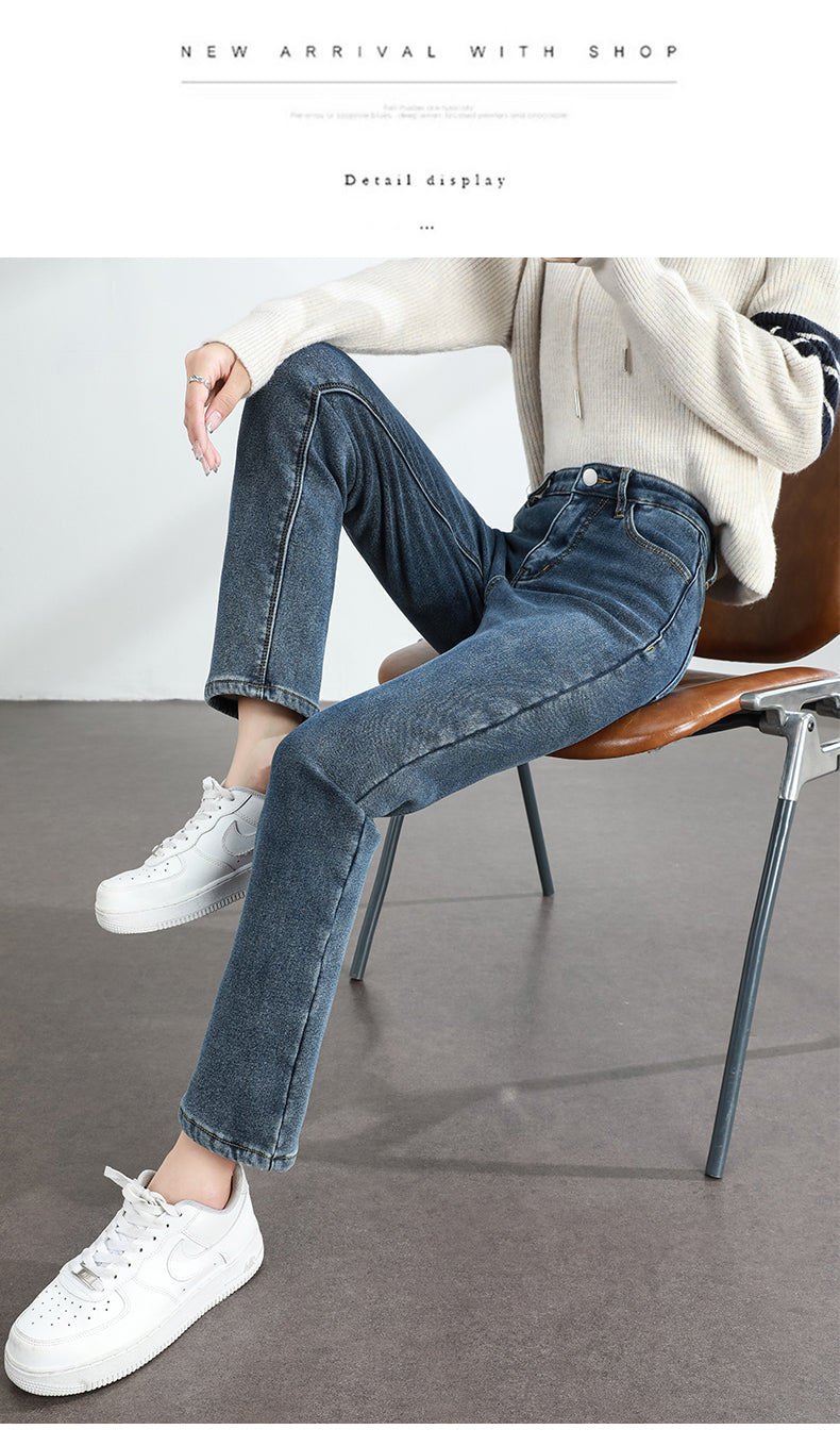 Women's Winter Fleece Warm Jeans Retro Slim Straight Elastic Cotton Thickened Warm Denim Pants Fashion Female Clothing