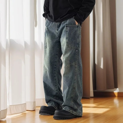 Korean Style Large Pocket Workwear Jeans Retro Blue Men'S Baggy Jeans Straight Leg Pants Casual Wide Leg Pants Casual Pants